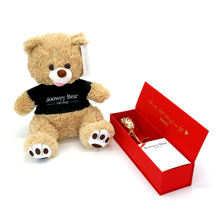 Boowey Bear 38cm bamse + 24K Single Gold Rose Box guldrose gaveæske blomster